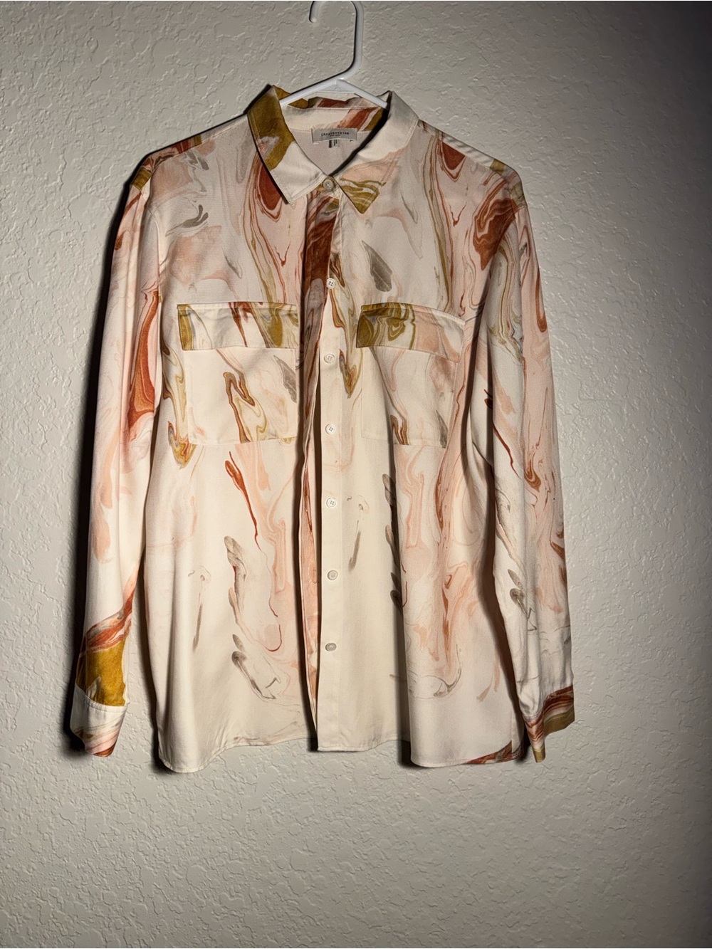 Lafayette 148 New York Silk Wool Scottie Abstract Marble Blouse Size L FAB#1N67